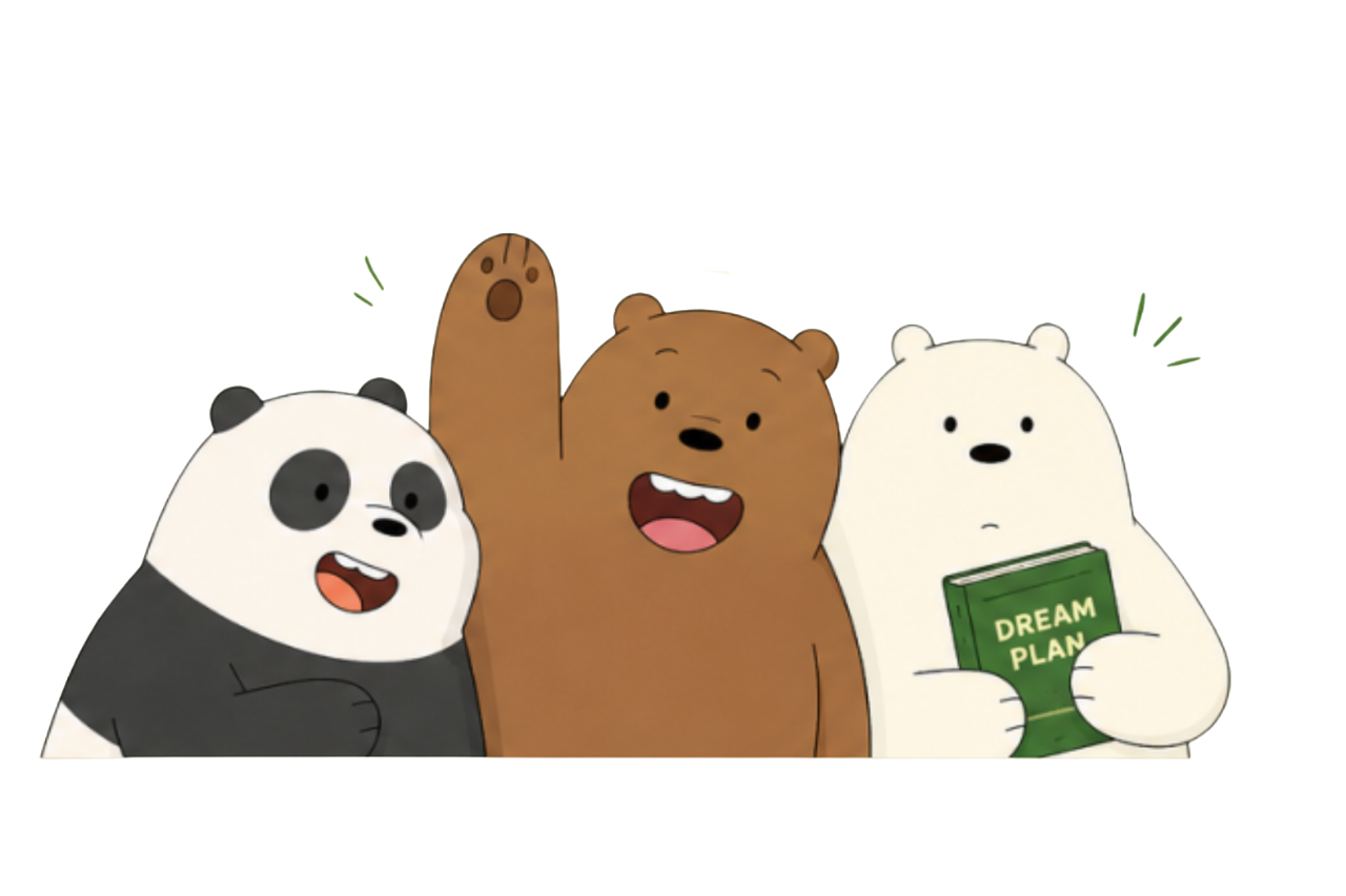 Three friendly cartoon bears — a panda, a brown bear waving hello, and a polar bear holding a Dream Plan book