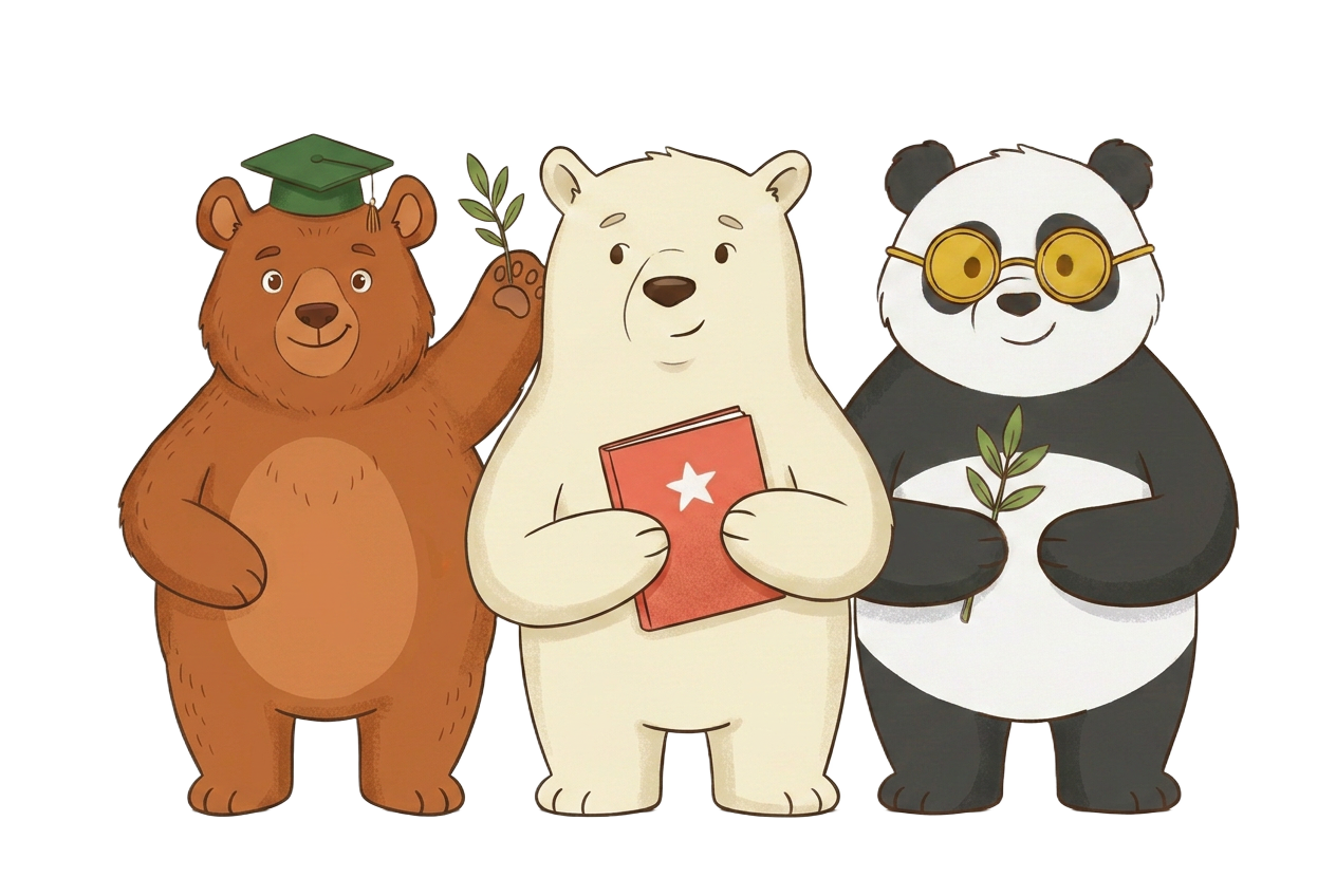 Three friendly cartoon bears — a panda, a brown bear waving hello, and a polar bear holding a Dream Plan book